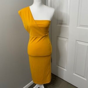 Yellow One Shoulder Draped Midi Dress